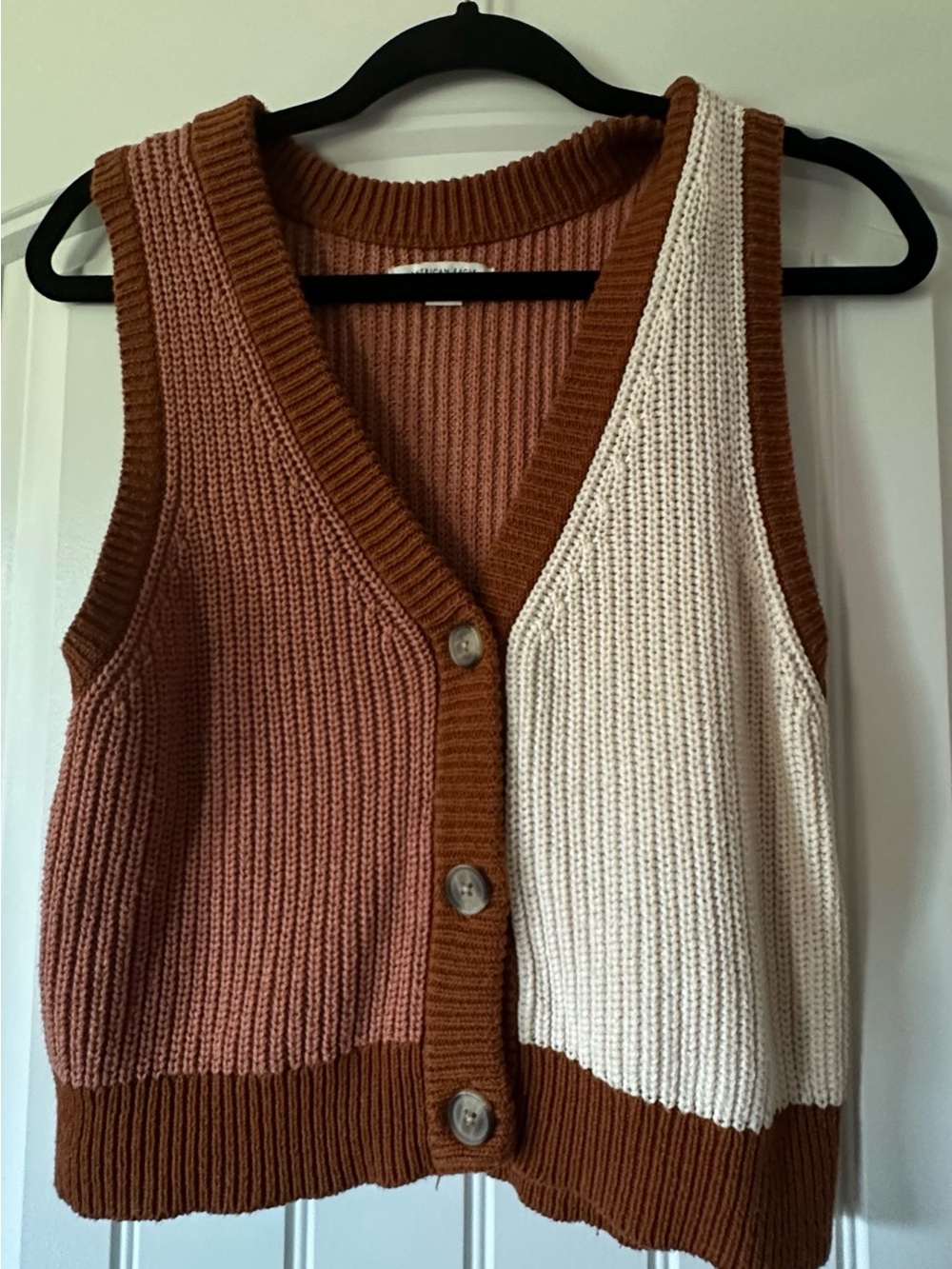 American Eagle Outfitters Two-Tone Knit V-Neck Button Vest — Brown & Cream